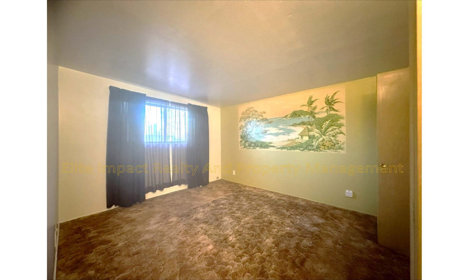 Empty room with brown carpet and a nature mural on the wall.