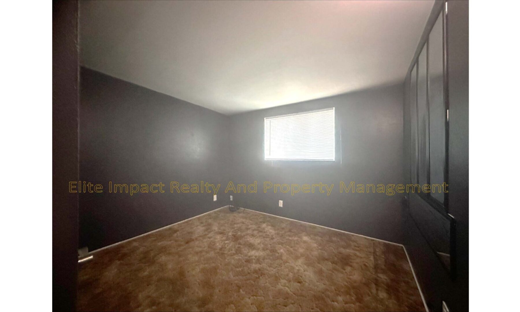 Empty room with brown carpet and window letting in natural light.