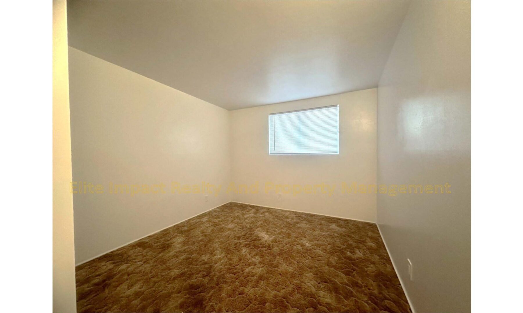 Empty room with beige walls and brown carpet under soft lighting.
