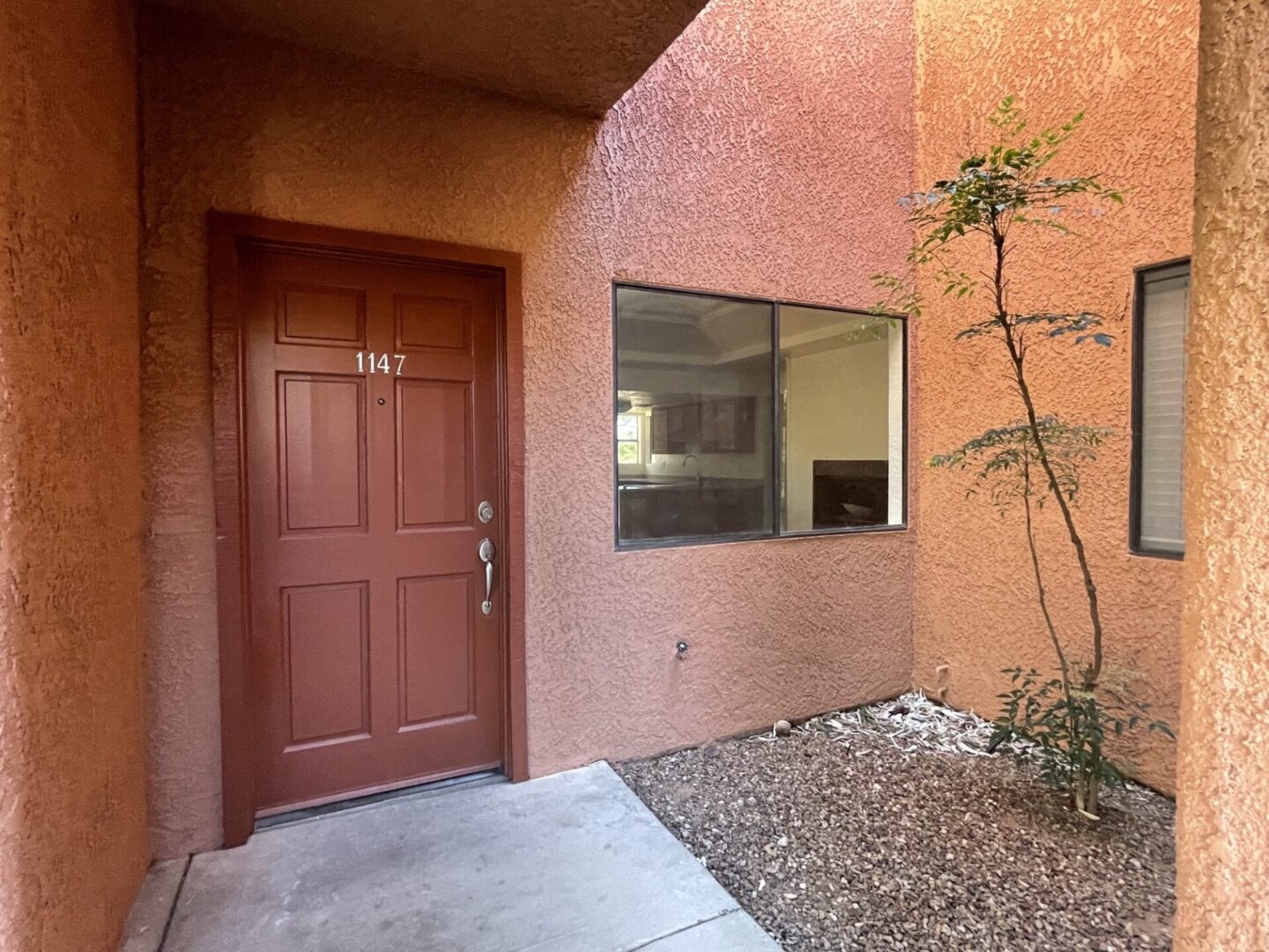 Entrance door and window of a peach-colored stucco building with desert landscaping.